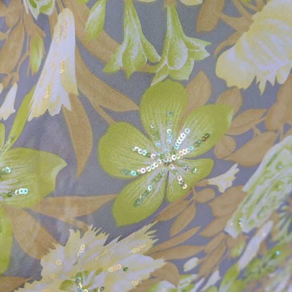 Chetta B Silk Midi Dress Y2K Floral Wasabi Green Ruched Pleat Bodice Fairycore - Picture 4 of 14